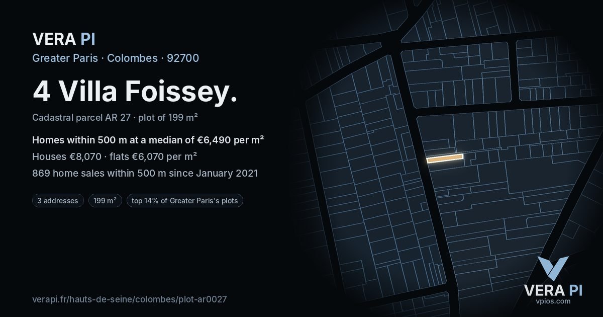 4 Villa Foissey, Colombes at night – the plot lit, the parcels around coloured by the prices near them