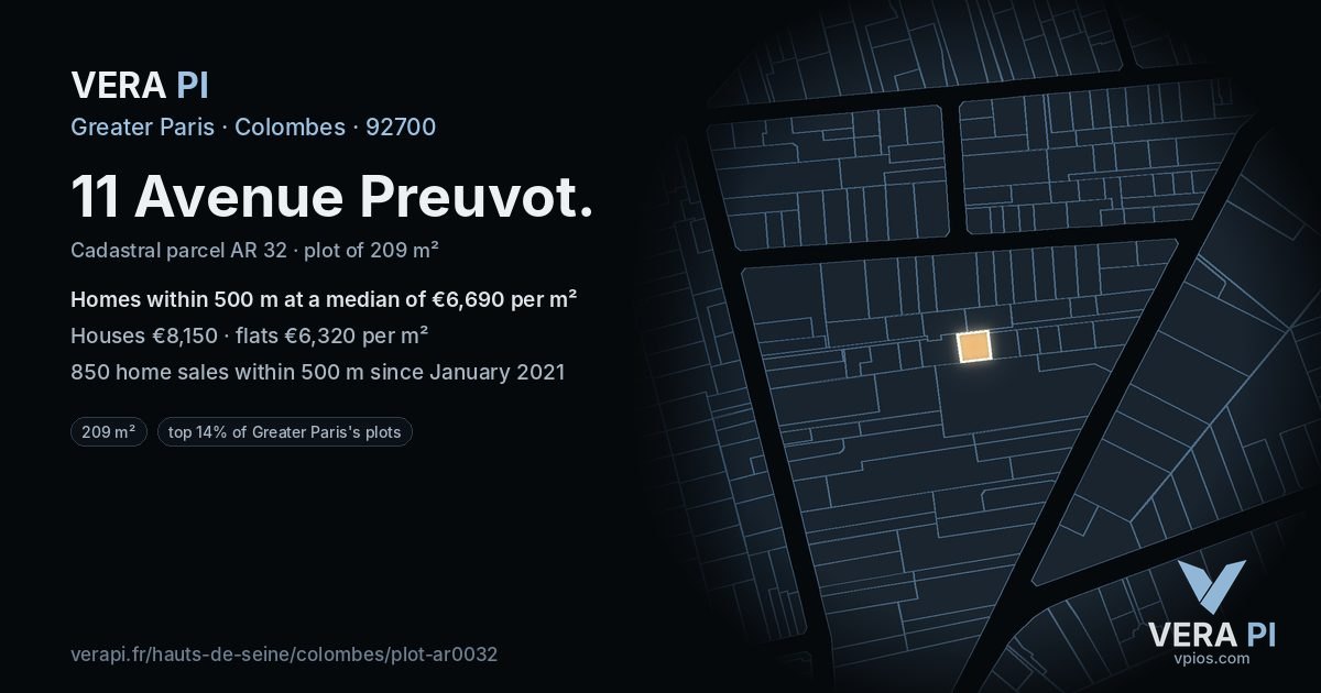 11 Avenue Preuvot, Colombes at night – the plot lit, the parcels around coloured by the prices near them