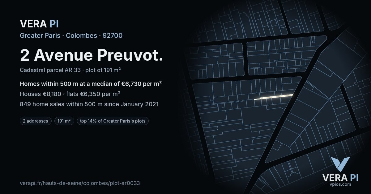 2 Avenue Preuvot, Colombes at night – the plot lit, the parcels around coloured by the prices near them