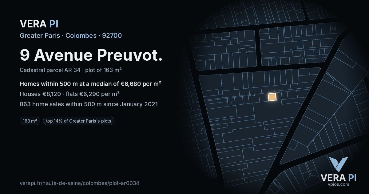 9 Avenue Preuvot, Colombes at night – the plot lit, the parcels around coloured by the prices near them