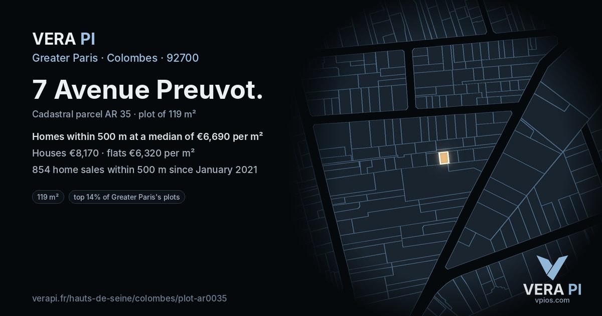7 Avenue Preuvot, Colombes at night – the plot lit, the parcels around coloured by the prices near them