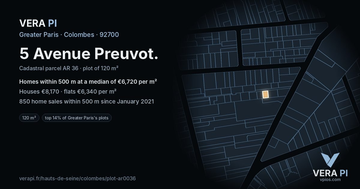 5 Avenue Preuvot, Colombes at night – the plot lit, the parcels around coloured by the prices near them