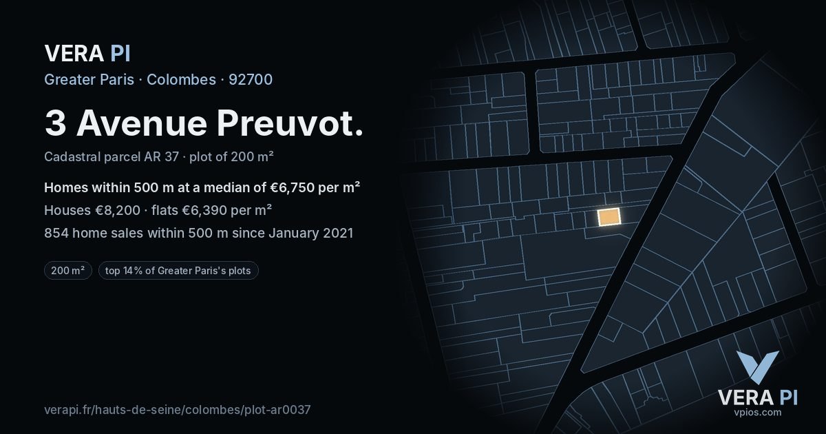 3 Avenue Preuvot, Colombes at night – the plot lit, the parcels around coloured by the prices near them