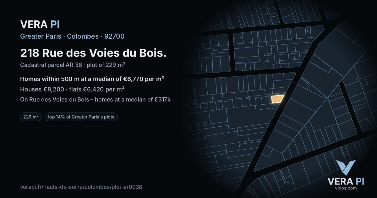 218 Rue des Voies du Bois, Colombes at night – the plot lit, the parcels around coloured by the prices near them