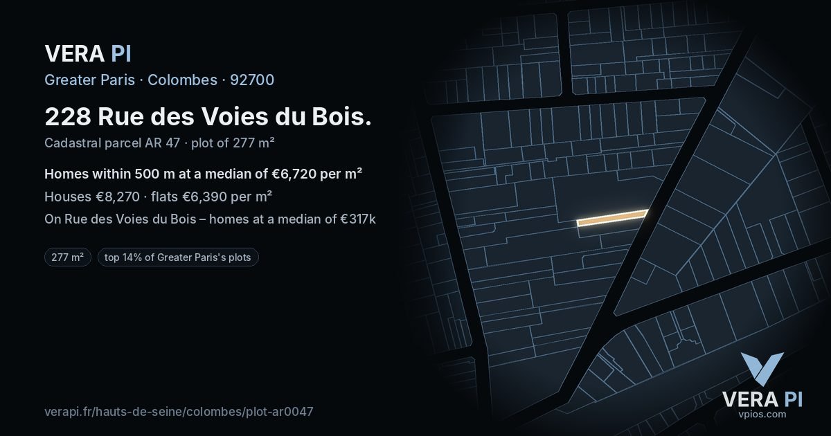 228 Rue des Voies du Bois, Colombes at night – the plot lit, the parcels around coloured by the prices near them