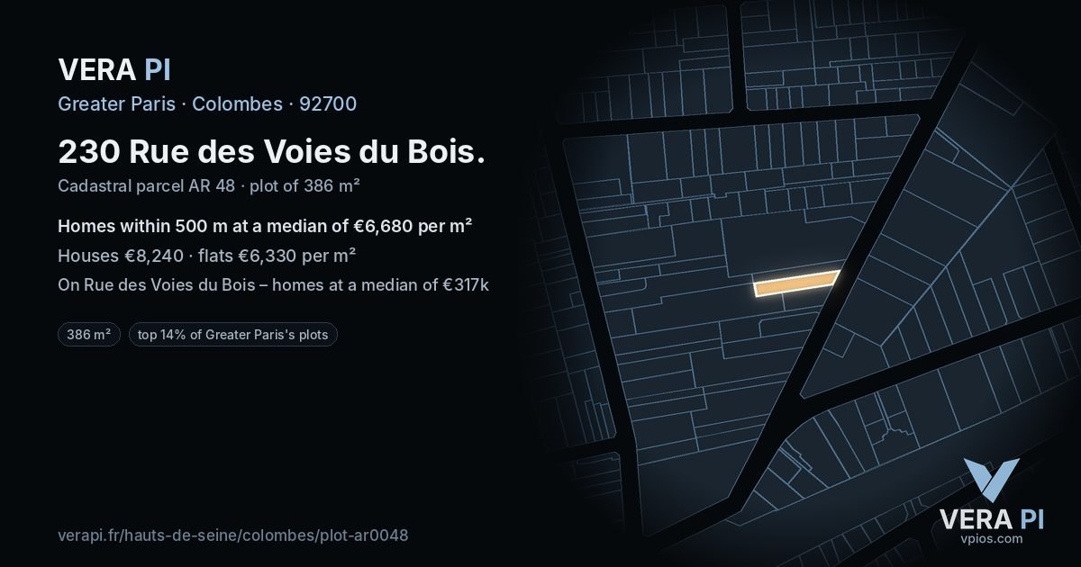 230 Rue des Voies du Bois, Colombes at night – the plot lit, the parcels around coloured by the prices near them