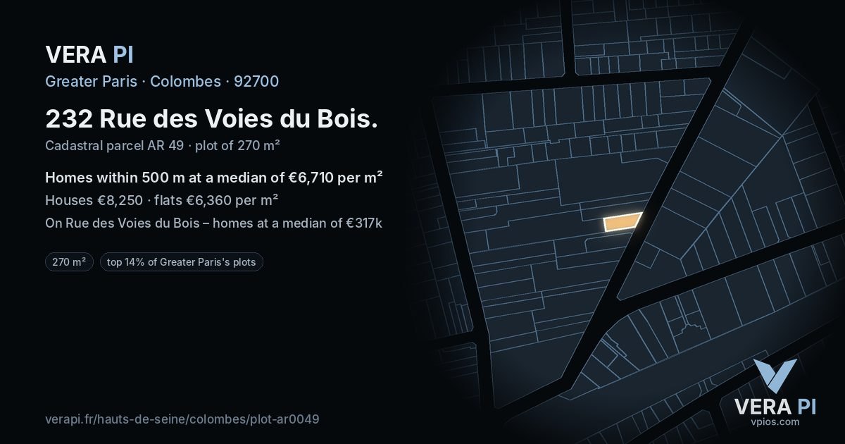 232 Rue des Voies du Bois, Colombes at night – the plot lit, the parcels around coloured by the prices near them
