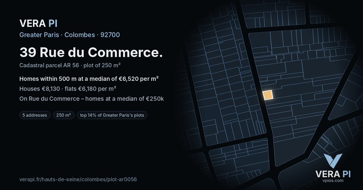39 Rue du Commerce, Colombes at night – the plot lit, the parcels around coloured by the prices near them
