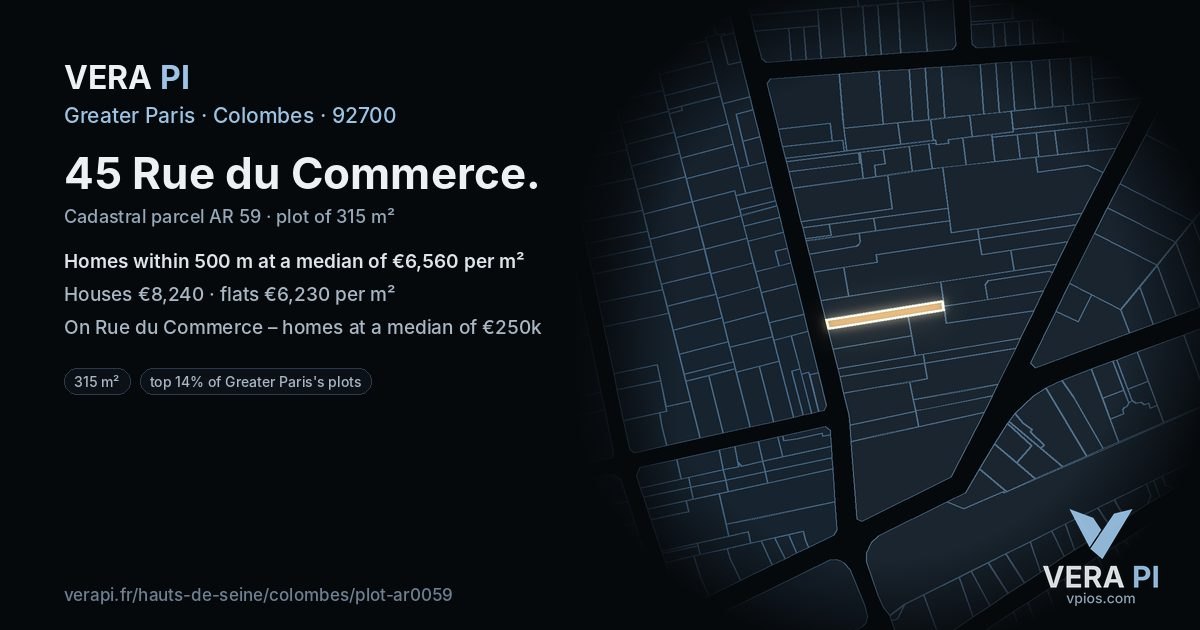 45 Rue du Commerce, Colombes at night – the plot lit, the parcels around coloured by the prices near them