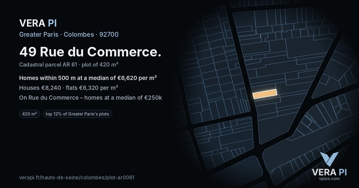 49 Rue du Commerce, Colombes at night – the plot lit, the parcels around coloured by the prices near them