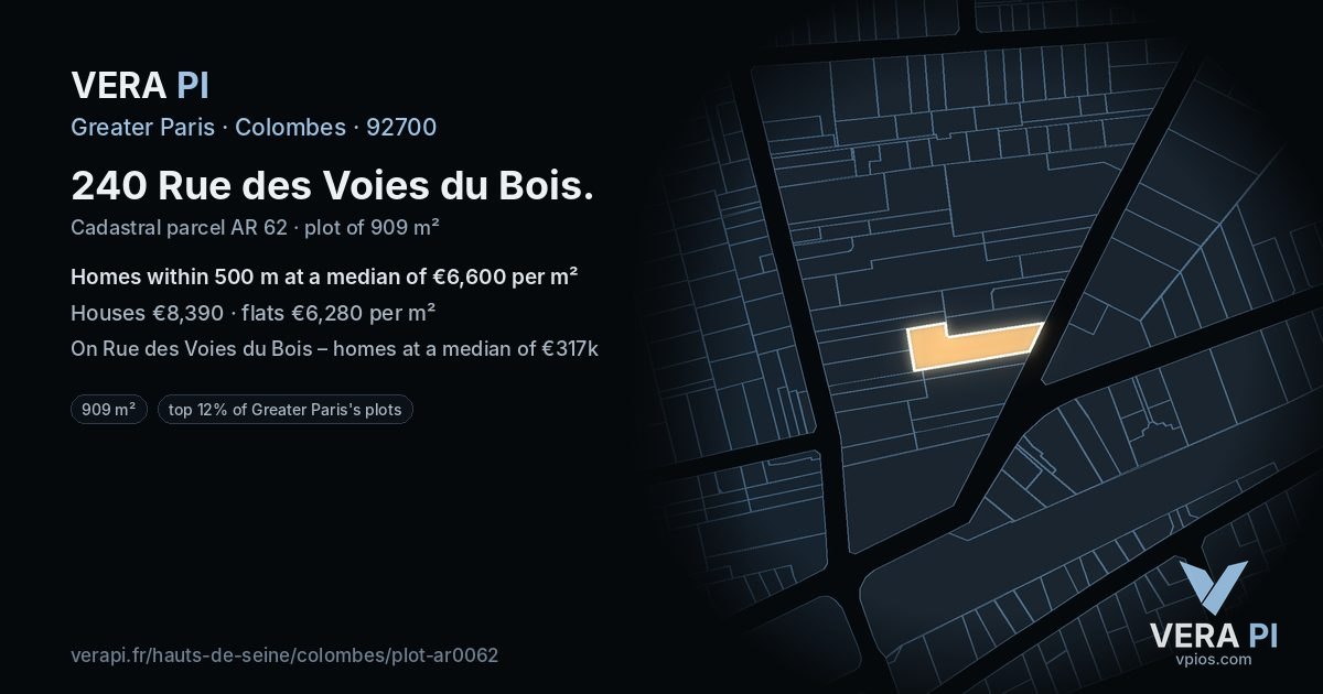 240 Rue des Voies du Bois, Colombes at night – the plot lit, the parcels around coloured by the prices near them