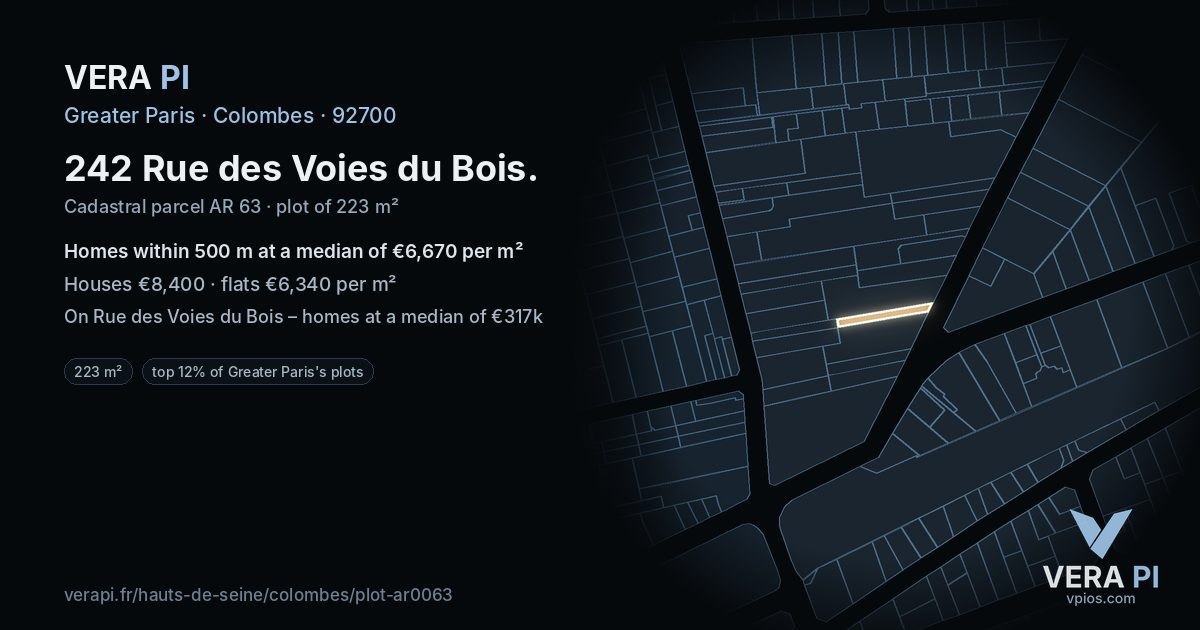 242 Rue des Voies du Bois, Colombes at night – the plot lit, the parcels around coloured by the prices near them