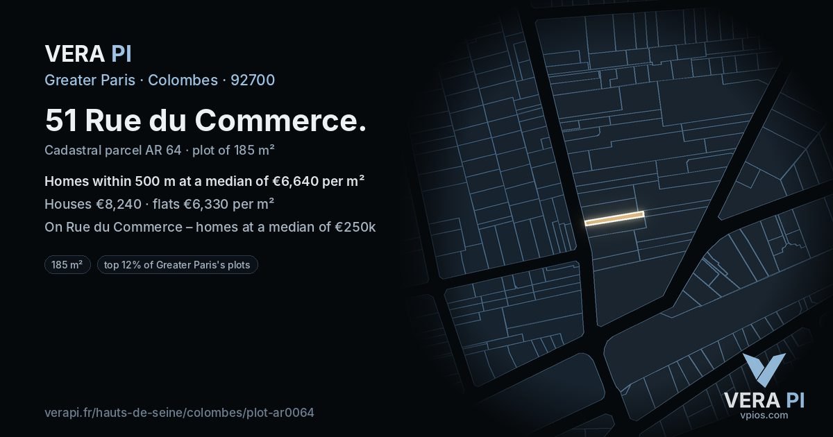 51 Rue du Commerce, Colombes at night – the plot lit, the parcels around coloured by the prices near them