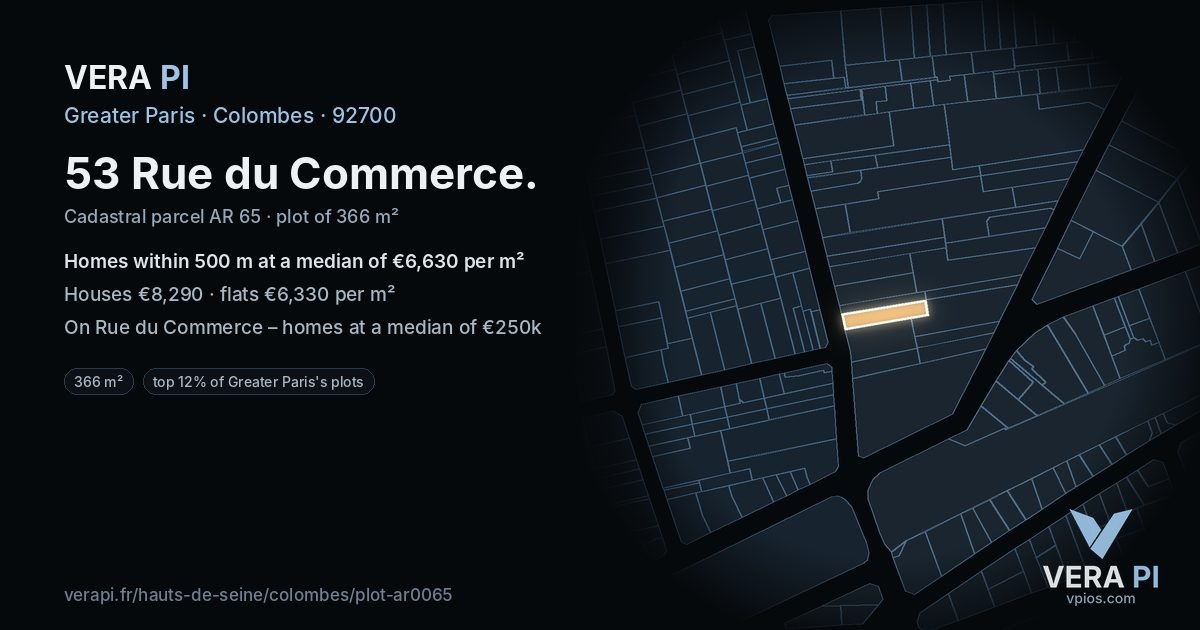 53 Rue du Commerce, Colombes at night – the plot lit, the parcels around coloured by the prices near them