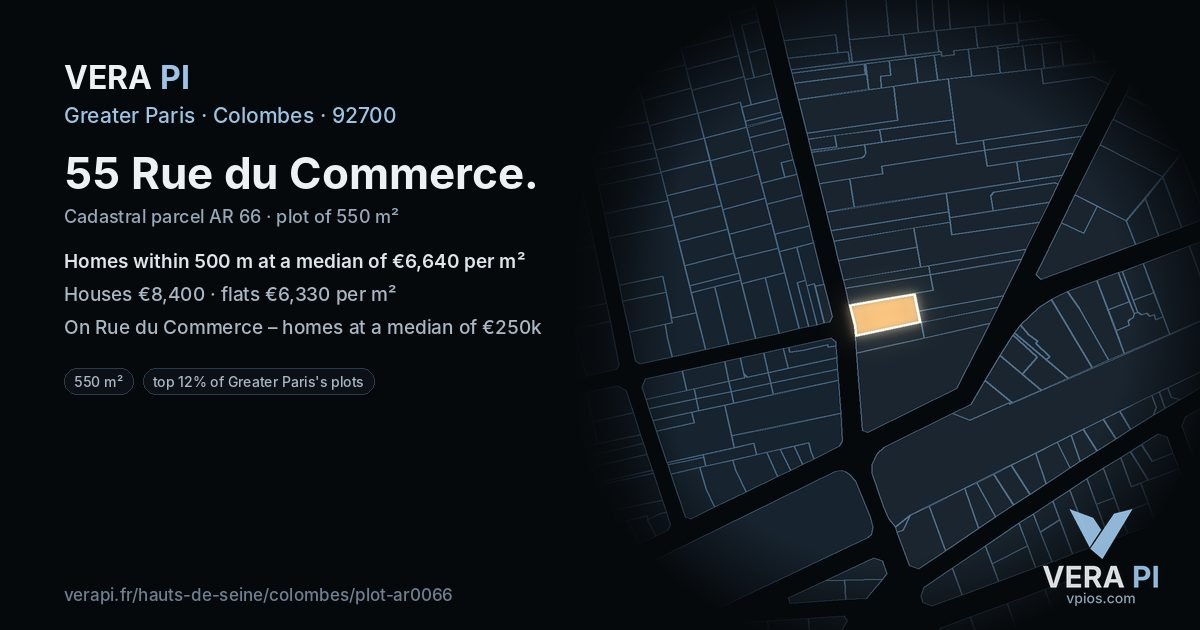 55 Rue du Commerce, Colombes at night – the plot lit, the parcels around coloured by the prices near them