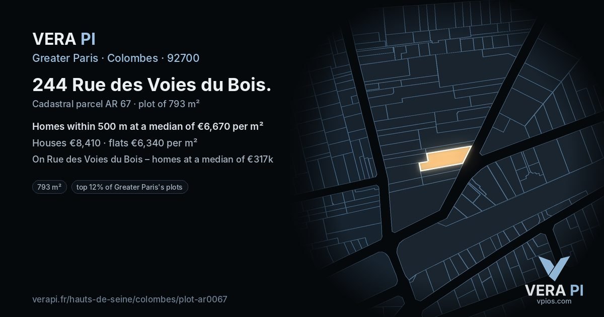 244 Rue des Voies du Bois, Colombes at night – the plot lit, the parcels around coloured by the prices near them
