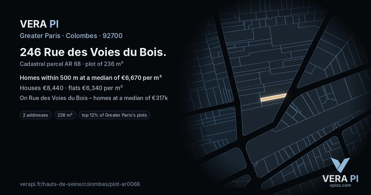 246 Rue des Voies du Bois, Colombes at night – the plot lit, the parcels around coloured by the prices near them