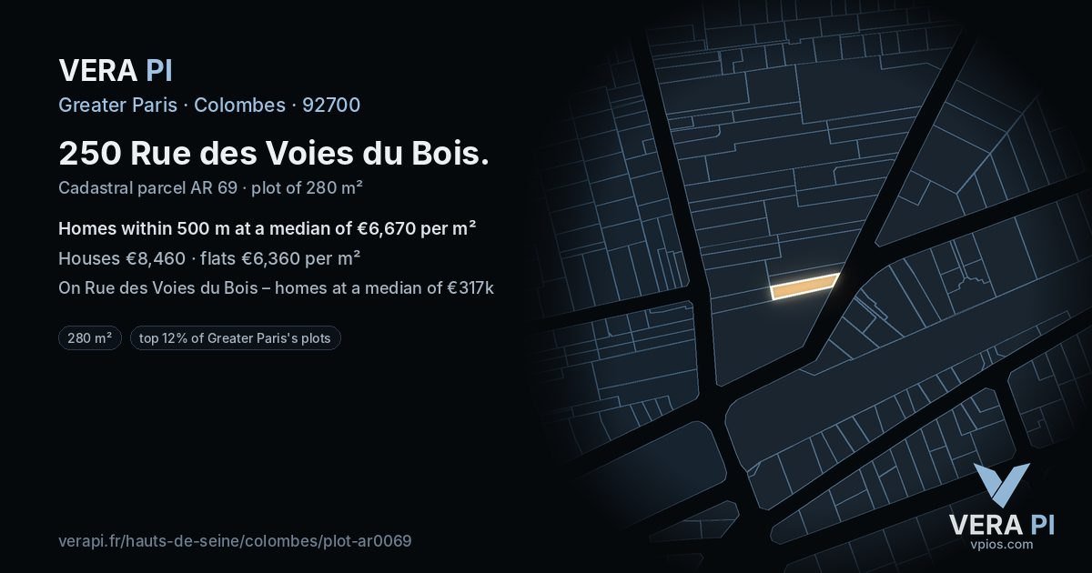 250 Rue des Voies du Bois, Colombes at night – the plot lit, the parcels around coloured by the prices near them