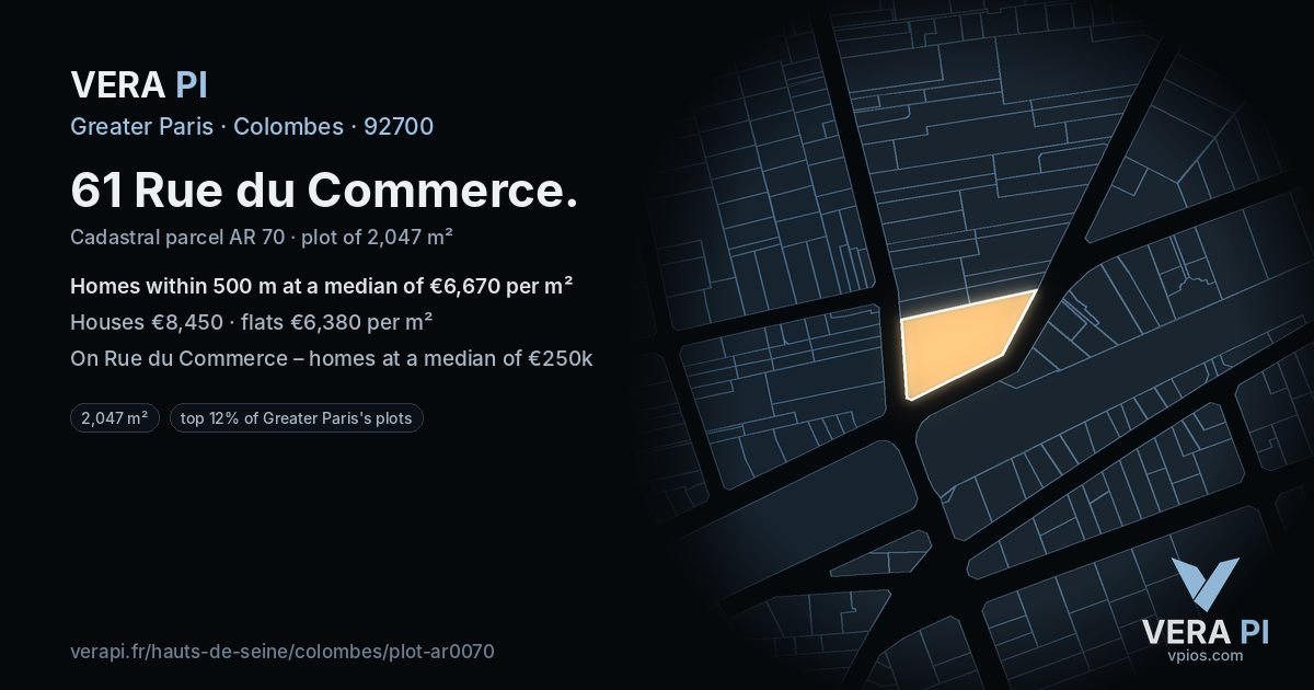61 Rue du Commerce, Colombes at night – the plot lit, the parcels around coloured by the prices near them