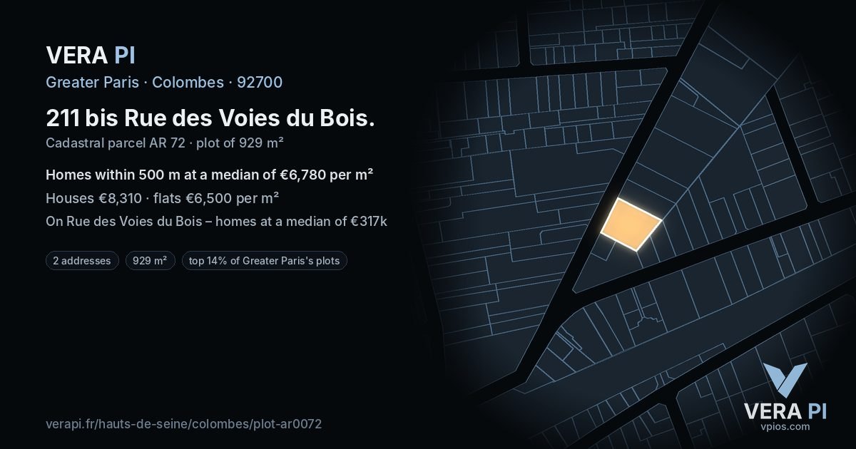211 bis Rue des Voies du Bois, Colombes at night – the plot lit, the parcels around coloured by the prices near them