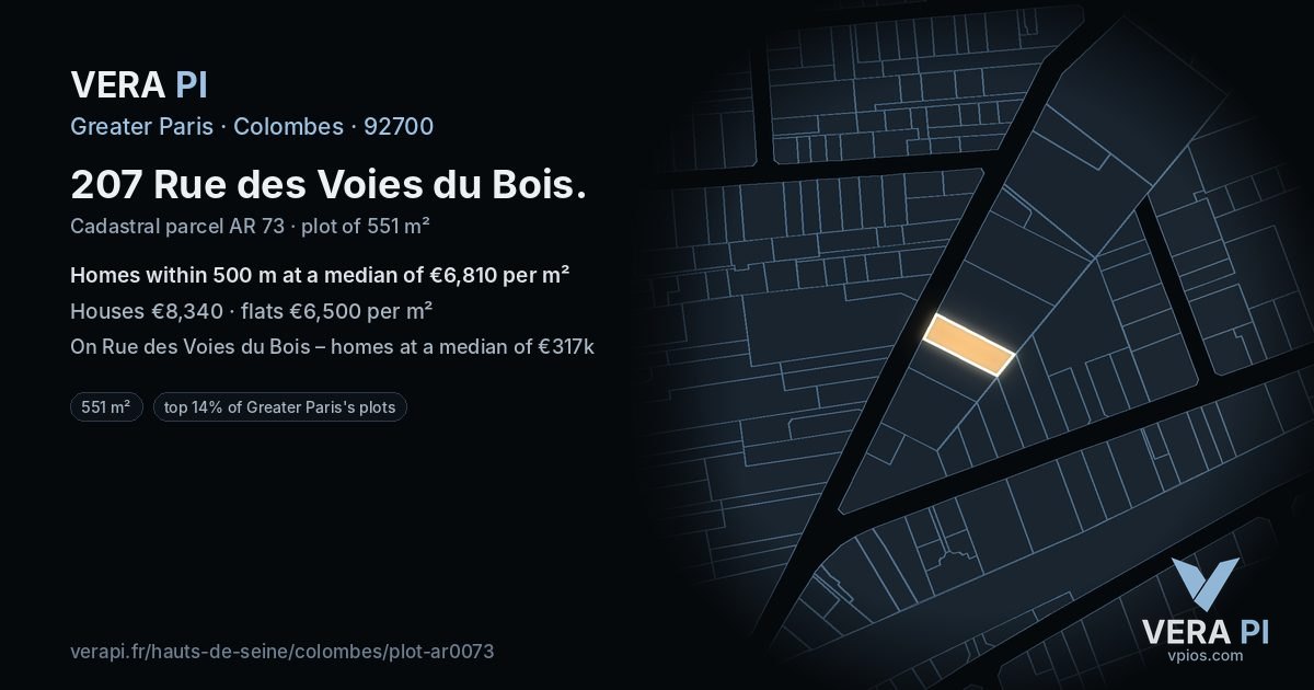 207 Rue des Voies du Bois, Colombes at night – the plot lit, the parcels around coloured by the prices near them