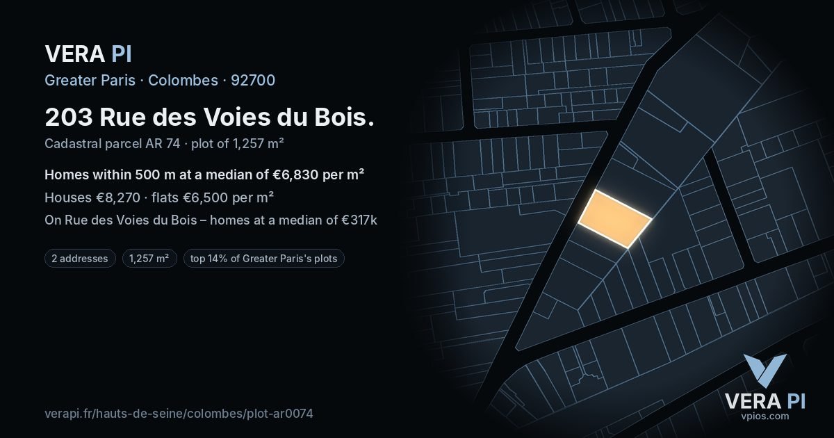 203 Rue des Voies du Bois, Colombes at night – the plot lit, the parcels around coloured by the prices near them