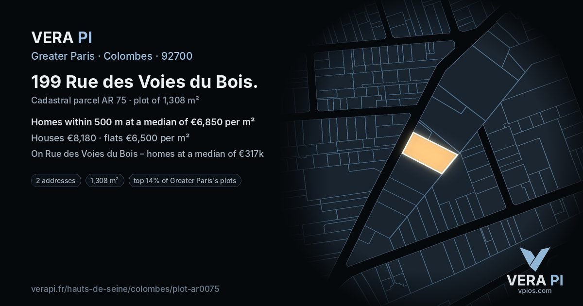 199 Rue des Voies du Bois, Colombes at night – the plot lit, the parcels around coloured by the prices near them