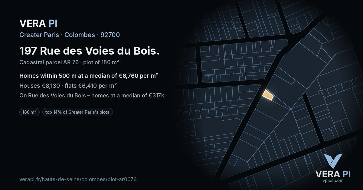 197 Rue des Voies du Bois, Colombes at night – the plot lit, the parcels around coloured by the prices near them