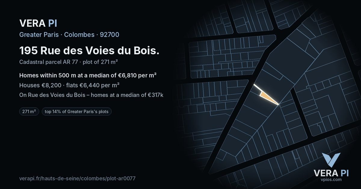 195 Rue des Voies du Bois, Colombes at night – the plot lit, the parcels around coloured by the prices near them