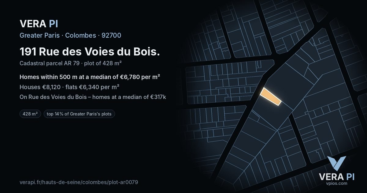 191 Rue des Voies du Bois, Colombes at night – the plot lit, the parcels around coloured by the prices near them