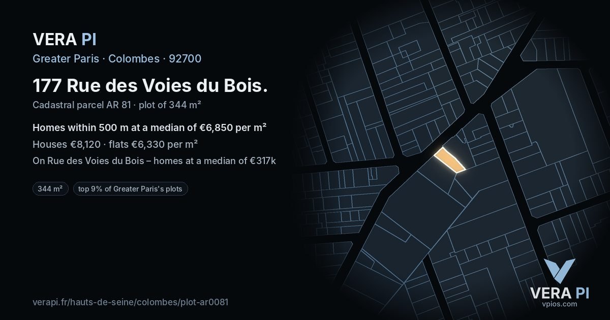177 Rue des Voies du Bois, Colombes at night – the plot lit, the parcels around coloured by the prices near them