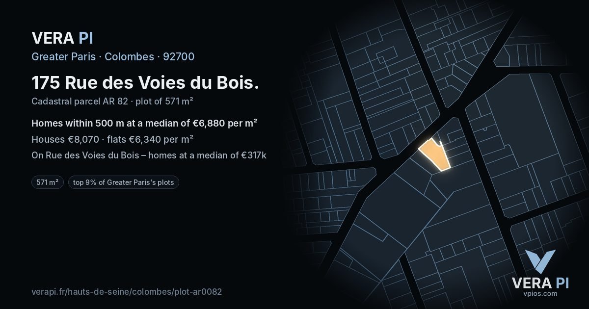 175 Rue des Voies du Bois, Colombes at night – the plot lit, the parcels around coloured by the prices near them