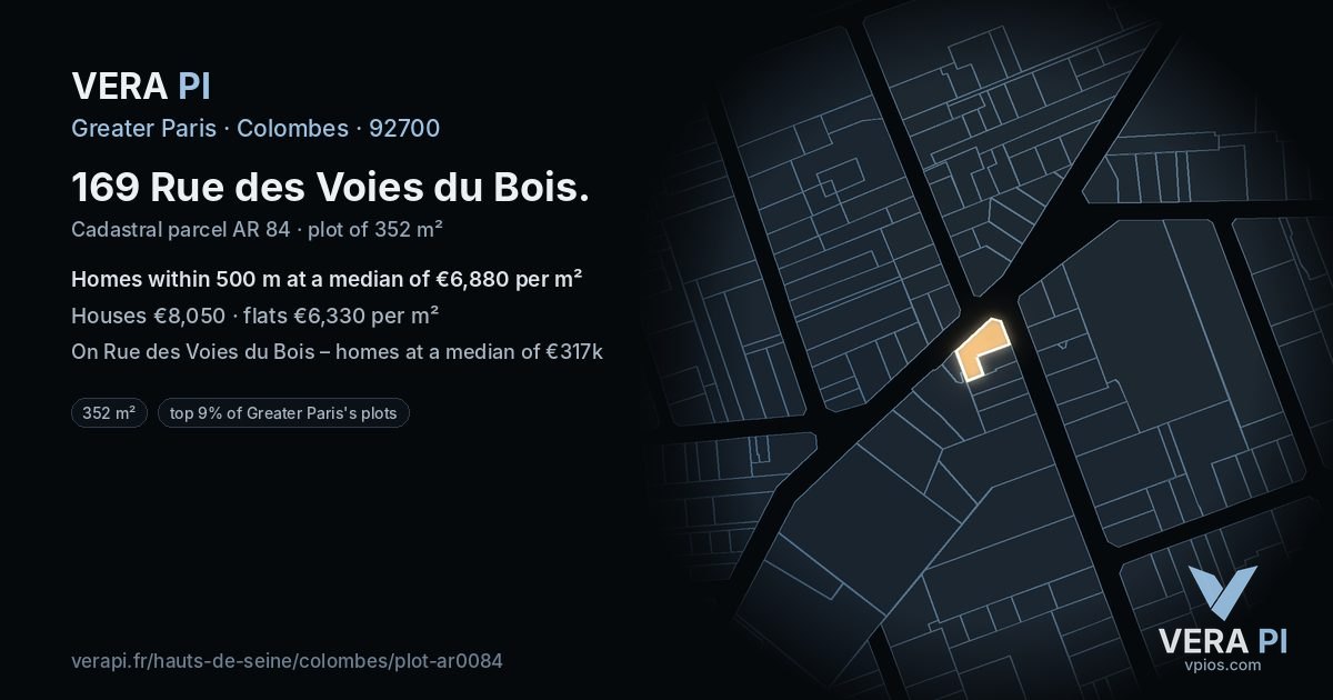169 Rue des Voies du Bois, Colombes at night – the plot lit, the parcels around coloured by the prices near them