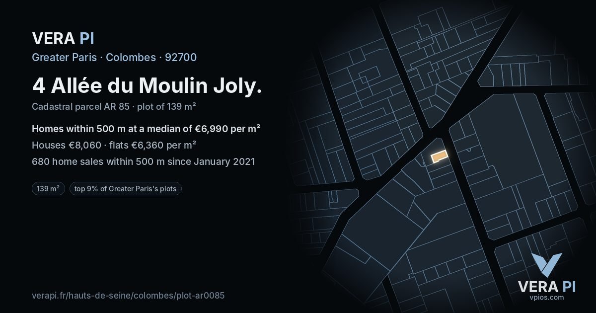 4 Allée du Moulin Joly, Colombes at night – the plot lit, the parcels around coloured by the prices near them