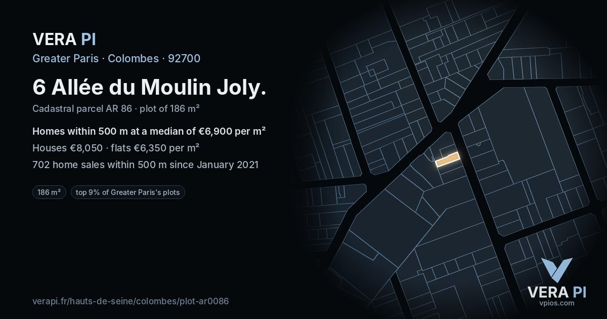 6 Allée du Moulin Joly, Colombes at night – the plot lit, the parcels around coloured by the prices near them