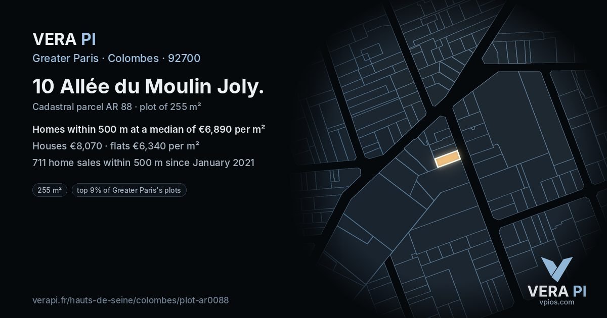 10 Allée du Moulin Joly, Colombes at night – the plot lit, the parcels around coloured by the prices near them