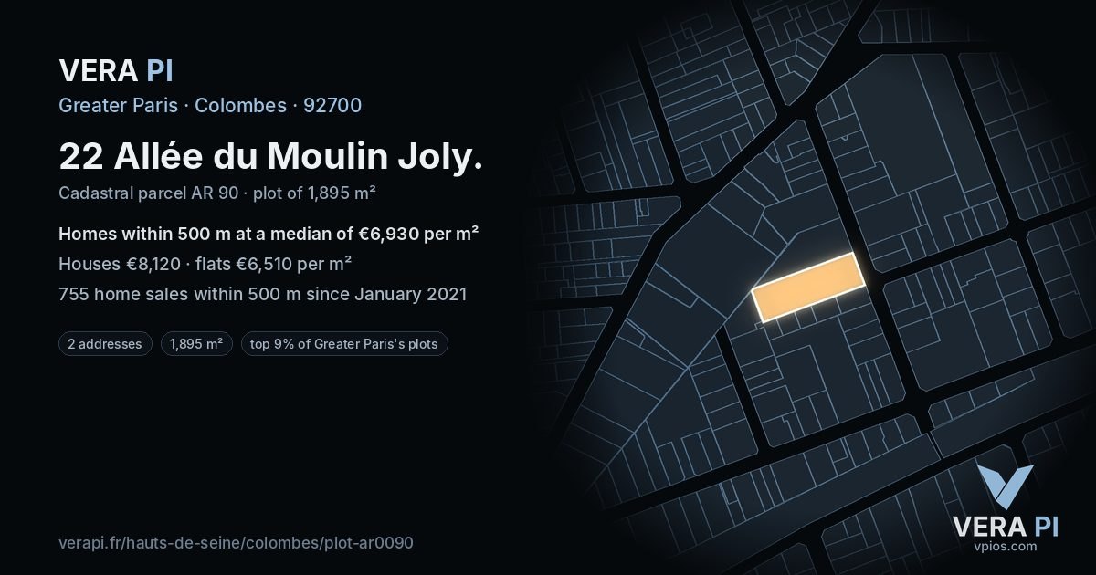 22 Allée du Moulin Joly, Colombes at night – the plot lit, the parcels around coloured by the prices near them