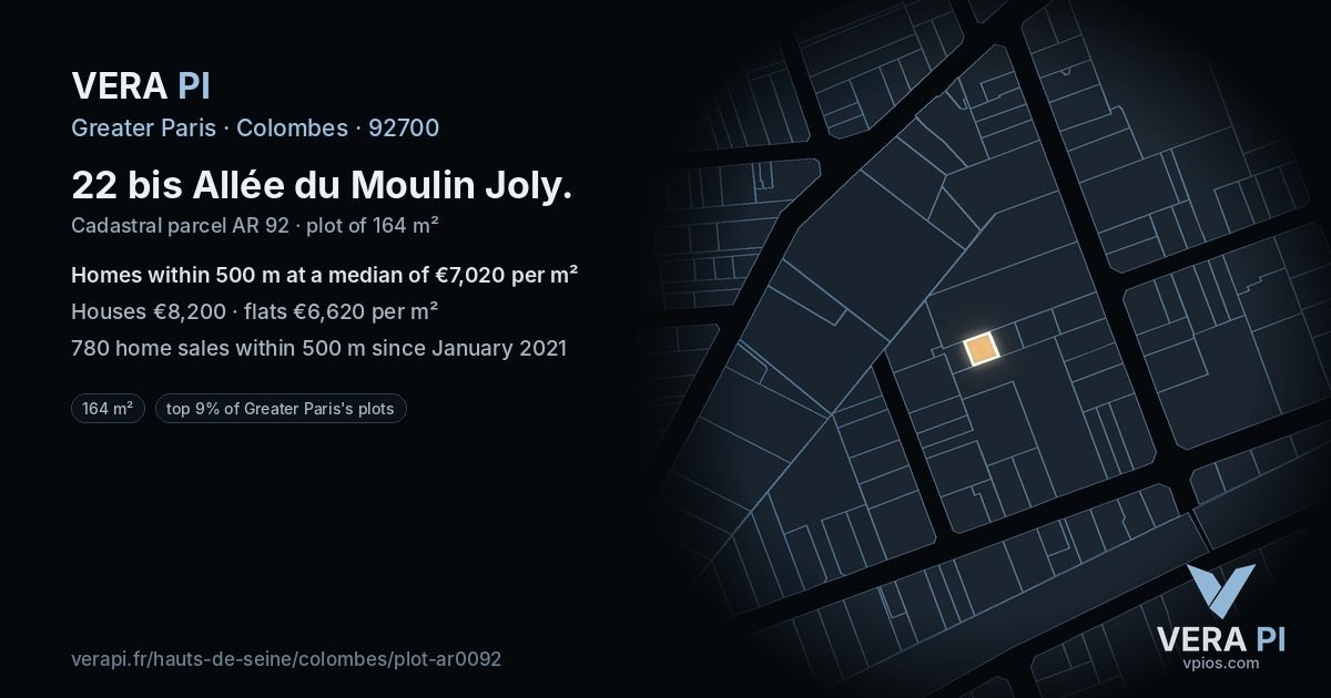 22 bis Allée du Moulin Joly, Colombes at night – the plot lit, the parcels around coloured by the prices near them