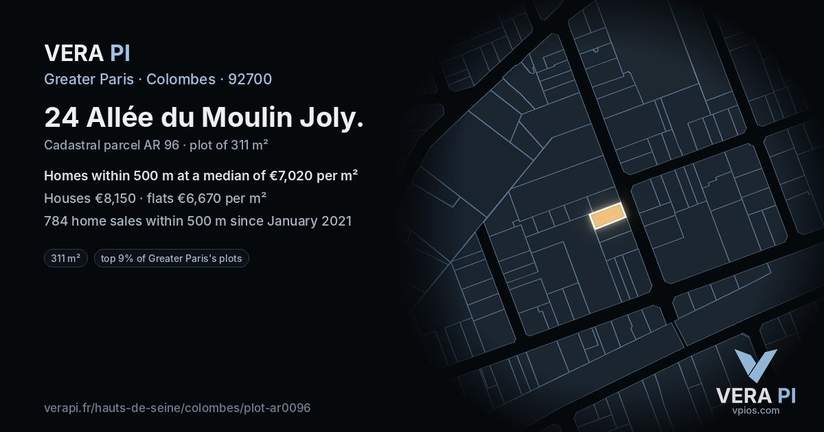 24 Allée du Moulin Joly, Colombes at night – the plot lit, the parcels around coloured by the prices near them