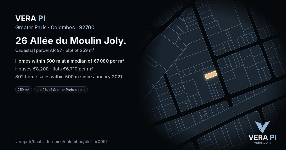 26 Allée du Moulin Joly, Colombes at night – the plot lit, the parcels around coloured by the prices near them