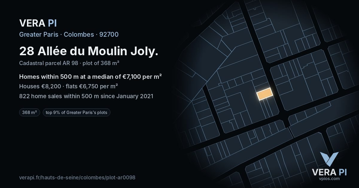 28 Allée du Moulin Joly, Colombes at night – the plot lit, the parcels around coloured by the prices near them