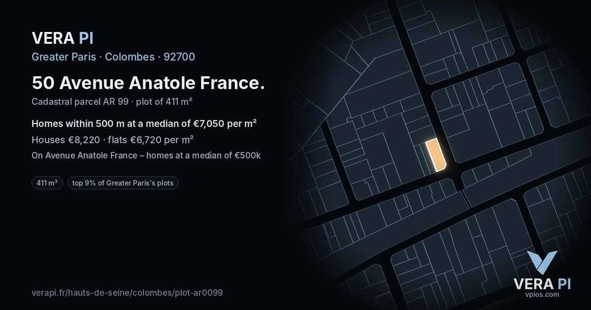 50 Avenue Anatole France, Colombes at night – the plot lit, the parcels around coloured by the prices near them