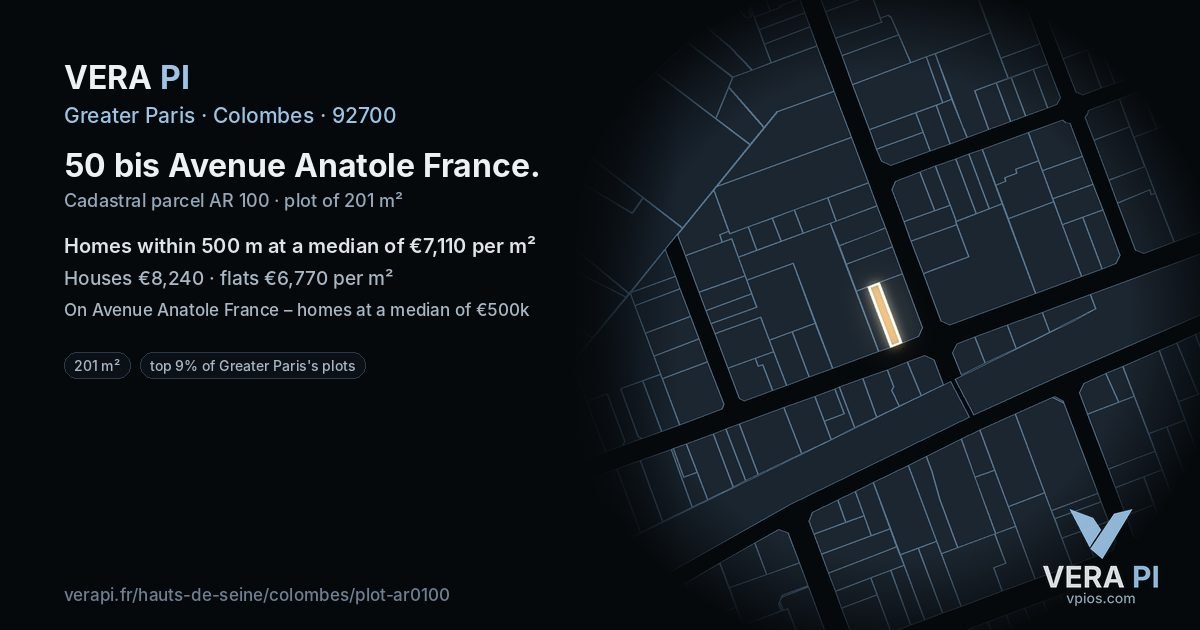 50 bis Avenue Anatole France, Colombes at night – the plot lit, the parcels around coloured by the prices near them