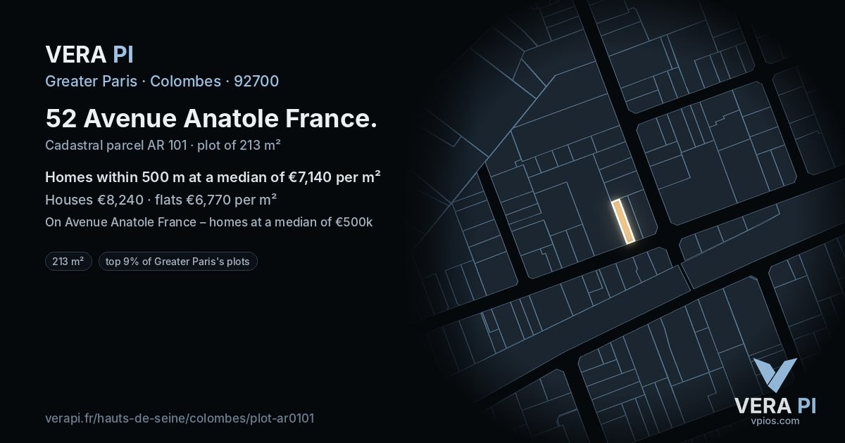 52 Avenue Anatole France, Colombes at night – the plot lit, the parcels around coloured by the prices near them