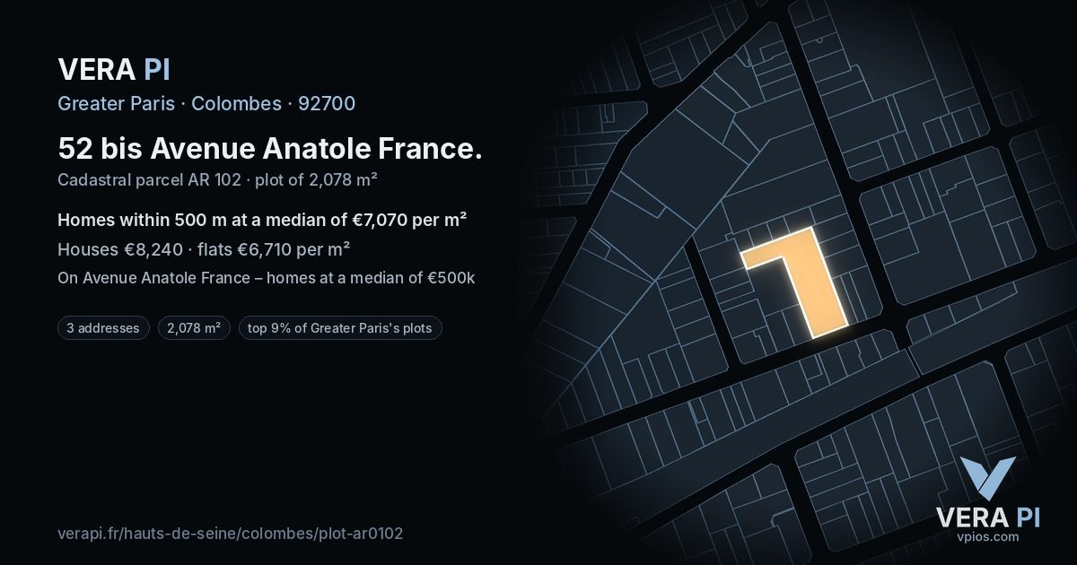 52 bis Avenue Anatole France, Colombes at night – the plot lit, the parcels around coloured by the prices near them