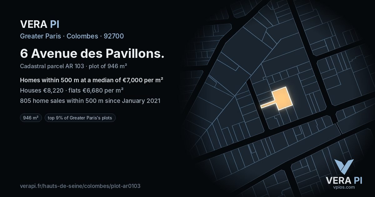 6 Avenue des Pavillons, Colombes at night – the plot lit, the parcels around coloured by the prices near them