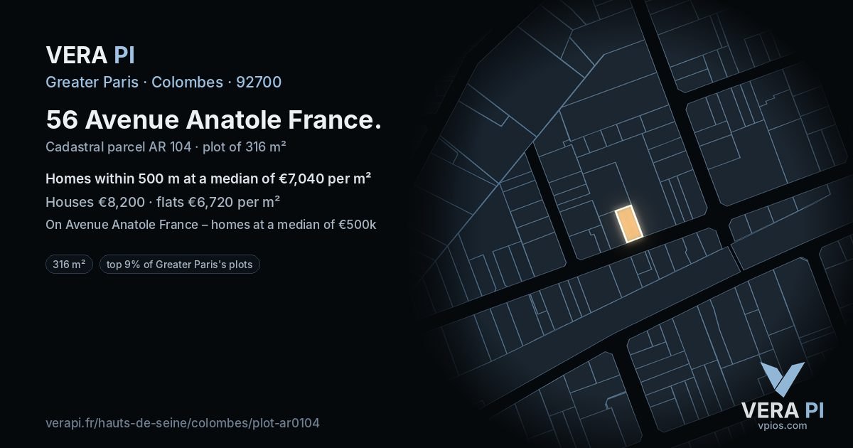 56 Avenue Anatole France, Colombes at night – the plot lit, the parcels around coloured by the prices near them