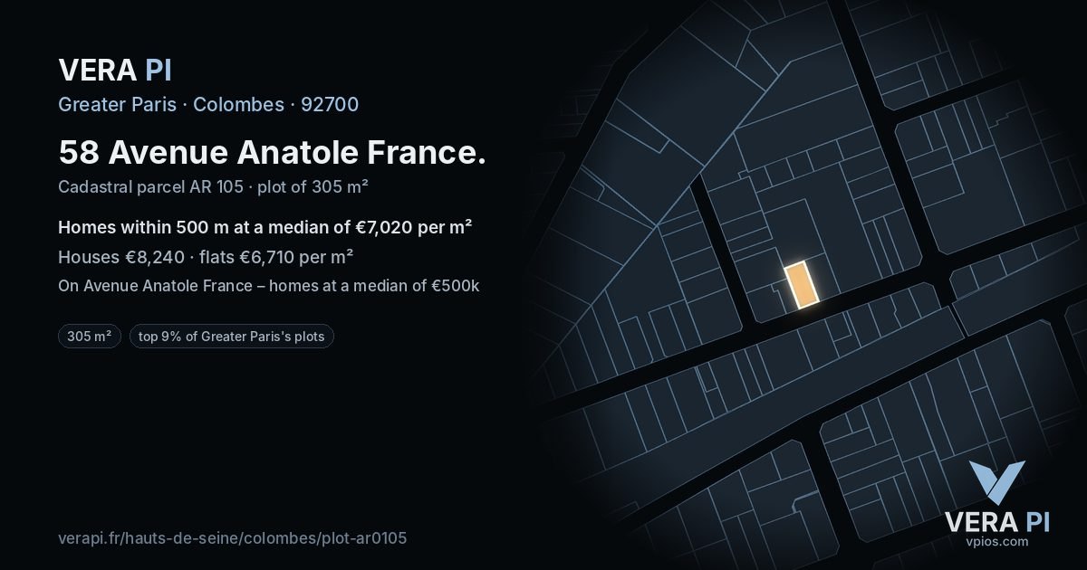 58 Avenue Anatole France, Colombes at night – the plot lit, the parcels around coloured by the prices near them