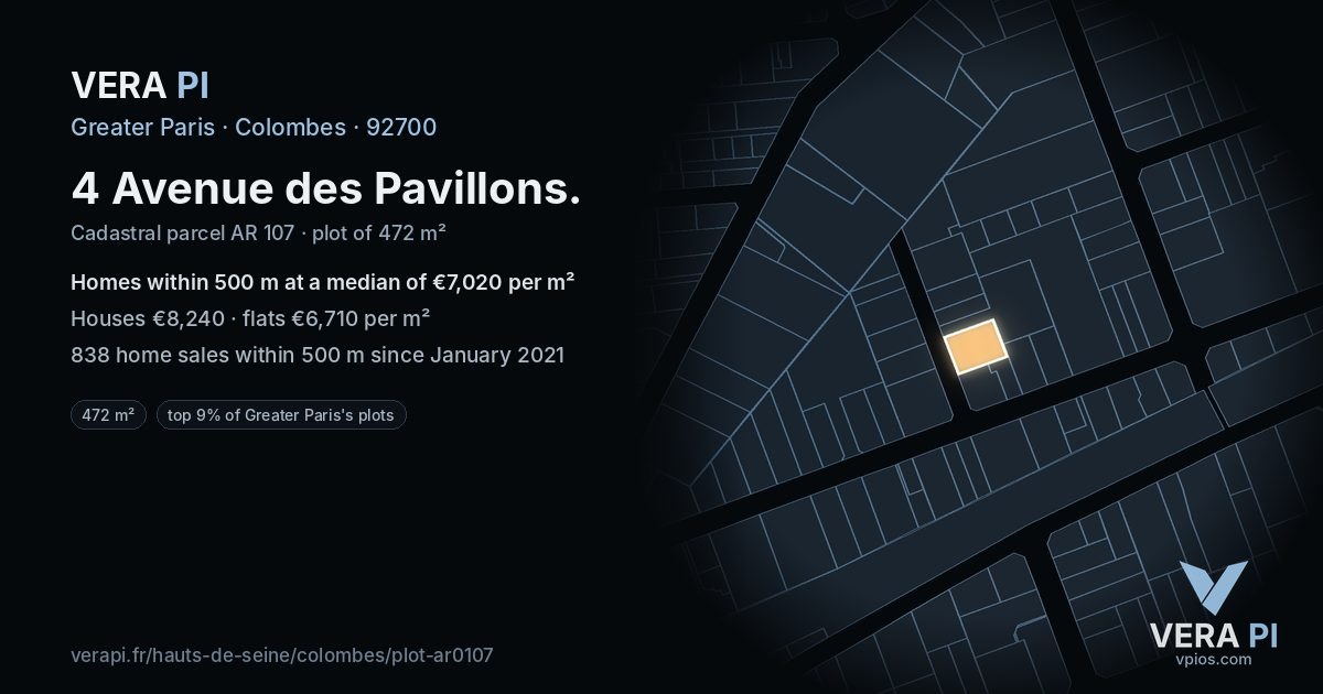 4 Avenue des Pavillons, Colombes at night – the plot lit, the parcels around coloured by the prices near them