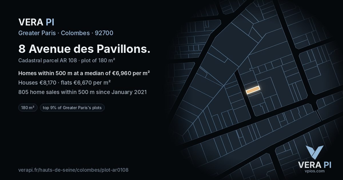 8 Avenue des Pavillons, Colombes at night – the plot lit, the parcels around coloured by the prices near them